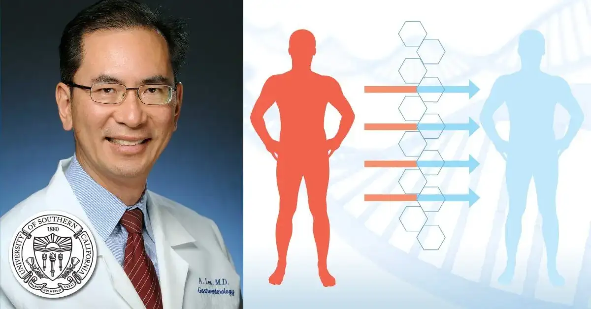 Dr. Alex Lee beside an illustration of a body passing through a hexagon pattern